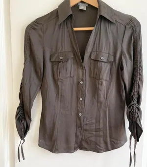Vintage Y2K Ann Taylor Silk Spandex Button Down Shirt Size 0 XS Ruched Military thumbnail 1