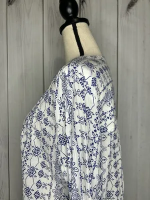 Ann Taylor Loft Blue White Floral Print V-Neck Cotton Tunic Top Sz L Lightweight thumbnail 6