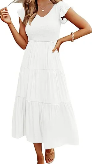 Meroketty White smocked V-neck tiered midi dress thumbnail 1