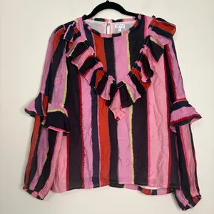 TCEC Anthropologie Ruffle Striped Blouse Womens Size‎ L Long Sleeve Top thumbnail 1