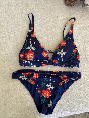 Roxy Navy Floral beach Bikini with Pink and Yellow Accents thumbnail 2