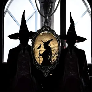 Witch And Raven Cameo Black Pendant, Vintage Style Gothic Crow Glass‎ Pendant thumbnail 8