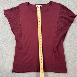 LOFT Outlet Burgundy Lace Sleeve Sweater Top Women's Medium Knit Crew Neck thumbnail 4