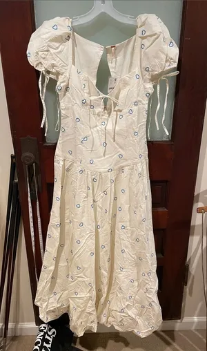 Free People Cream Puff-Sleeve Maxi Dress with Blue Heart Print thumbnail 1