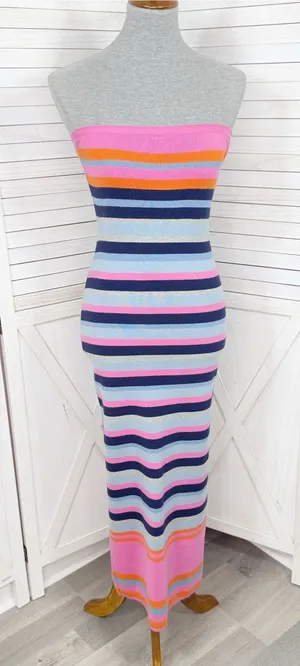 Vici Striped Knit Strapless Sheath Bodycon Midi Dress Pink Blue Size Medium thumbnail 1