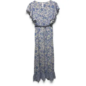 Bohme Blue‎ Floral Toile Ruffle Midi Dress Tie Waist Small thumbnail 3
