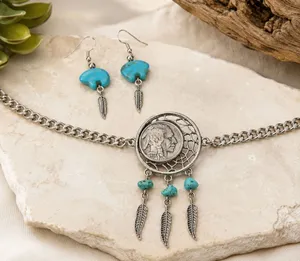 NEW American Coin Buffalo Nickel Dream Catcher Bracelet and turquoise earrings thumbnail 1