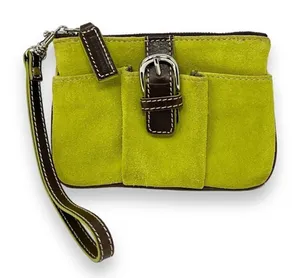 Levenger Wristlet Wallet Lime Green Suede with Brown Leather Trim and Buckle thumbnail 1