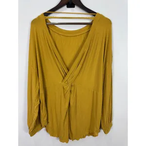 Free People Ribbed Twist Back Top Womens Medium Mustard Yellow Boho Whimsical thumbnail 2
