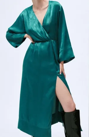 Zaraw Teal Satin-Feel Wrap Midi Dress with Leg Slit thumbnail 1