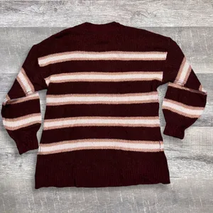 American Eagle Waffle Knit Tunic Sweater Women S Burgundy Striped V Neck Relaxed thumbnail 2
