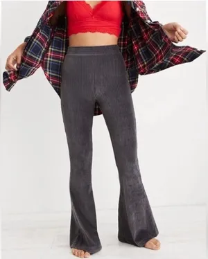 Aerie grey ribbed corduroy flare pants with an elastic waist thumbnail 1