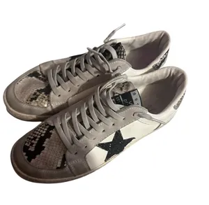 Vintage Havana Betsy White Leather Star Sneakers with Black Snakeprint Accents thumbnail 1