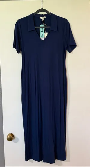 nine britton Navy Short-Sleeve Polo Collar Maxi Dress with V-Notch thumbnail 1