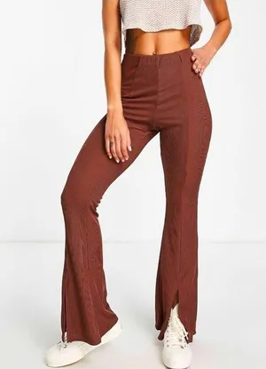 NWT ASOS New Look ribbed split front flare pants in brown thumbnail 1