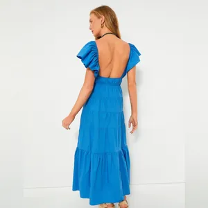 MOON RIVER Blue V-Neck Maxi Dress V-Neck Ruffled Sleeveless‎ Sundress thumbnail 2