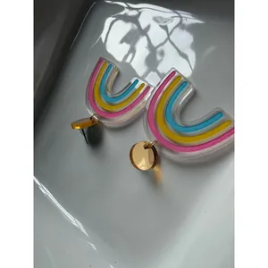 Pastel Rainbow Acrylic Dangle Earrings Pink Yellow Blue Statement Earrings thumbnail 6