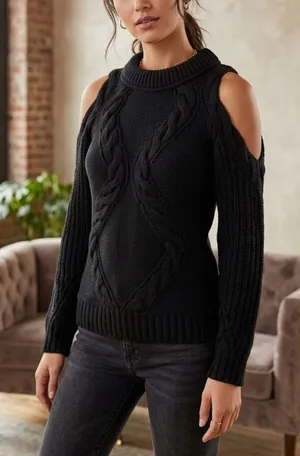 Intermix Black Merino Wool Elora Cold Shoulder Sweater Cable Knit Rustic Size S thumbnail 1