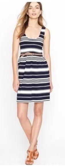 Jcrew Striped Nautical Villa Navy Blue White Tank Dress Button Back M thumbnail 1
