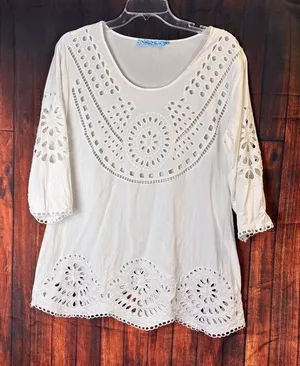 Solitaire Swim White Eyelet Tunic Top Sz L Beach Cover‎ Up Boho resort wear thumbnail 1
