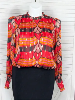 J Joie Printed Metallic Polka Dot Blouse Red Black‎ Pink Multi Large Smocked thumbnail 1
