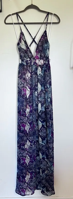 NWT Windsor Purple Snakeskin Print Crisscross Back Slit Leg Maxi Dress Small thumbnail 1