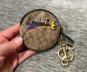 Coach X Jean Michel Basquiat Circular Coin Pouch In Signature Canvas Purse Charm thumbnail 6