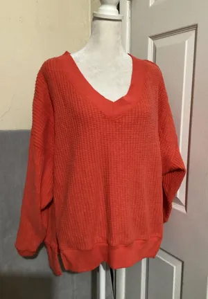 American Eagle Sweater Womens XS Orange Waffle Knit V Neck Pullover Oversized thumbnail 1