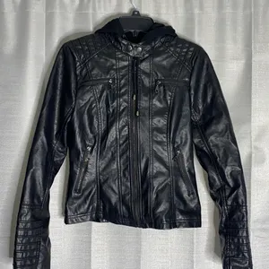 Faux Leather Double Zip Biker Jacket Black thumbnail 1