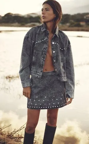 Zara Studded Z1975 Cropped Denim Jacket Tan Size XS Washed effect 100% Cotton thumbnail 1