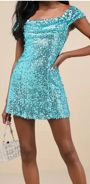 NWOT Lulus Glittering Nights Aqua Blue Sequin Off-the-Shoulder Mini Dress thumbnail 1