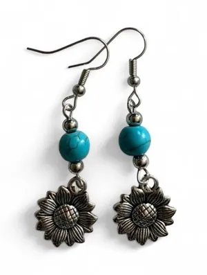 Handmade Turquoise & Silver Sunflower Dangle Earrings thumbnail 1