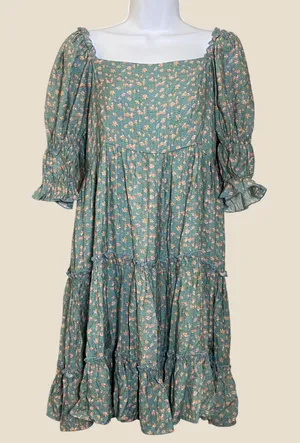 Easel Cottagecore Dress Large Bohemian Boho Puff Sleeve Smocked Milkmaid Prairie thumbnail 1