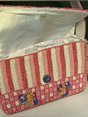 NWT India handcrafted Viral Beaded Pink Quilted Purple Flowers Checkered Bag thumbnail 11