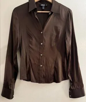 Laundry by Shelli Segal Vintage 90s Chocolate Brown Silk Shirt Size 6 Y2K thumbnail 1
