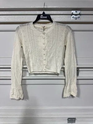 Lounge Pointelle Bow Cardigan - White Small New Cropped Fitted Long Sleeve thumbnail 3