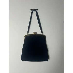 Vintage Mayer New York Handbag Purse Navy Suede Gold‎ Trim Bow Handle thumbnail 4