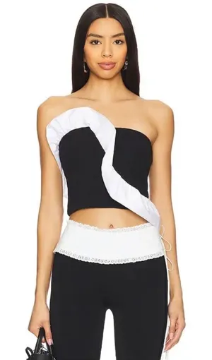 Free People Black White Ruffle Strapless‎ Tube Top Cropped Ribbed Knit S thumbnail 1