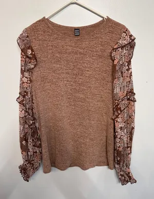 SHEIN Womens Brown Marled Knit Floral Ruffle Sleeve Top Crew Neck Size L thumbnail 1