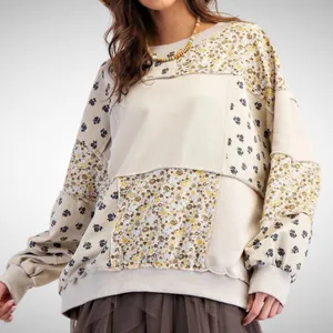 Easel Oversized Flower Patchwork Terry Knit Sweatshirt in Beige Size S thumbnail 1
