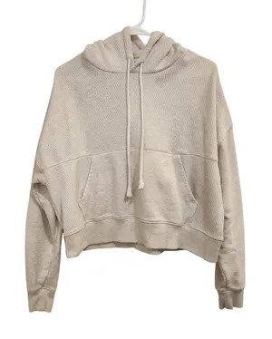 Aerie Cream Long Sleeve Cropped Cotton Knit Pullover Hoodie Sweatshirt Small thumbnail 1
