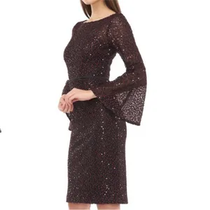 Carmen Marc Valvo Infusion 6 Red Black‎ Sequin Lace Bell Sleeve Dress NWT thumbnail 2