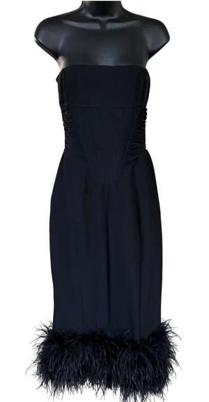 NWT‎ House of CB Fionula Strapless Feather Hem Midi Dress Size M Black thumbnail 1