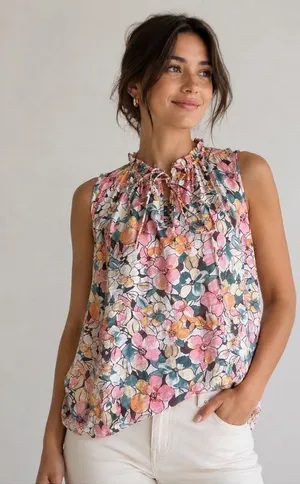 The Korner Floral Sleeveless Ruffle Collar Blouse Size Small NWT thumbnail 1