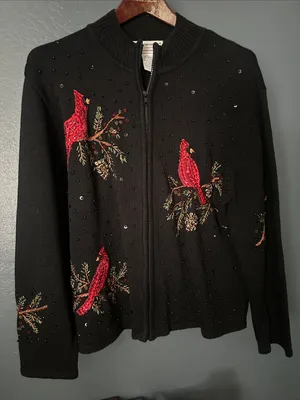 Vintage Tiara international 2004 Zip-Front Sweater with Red Cardinal Embroidery thumbnail 1