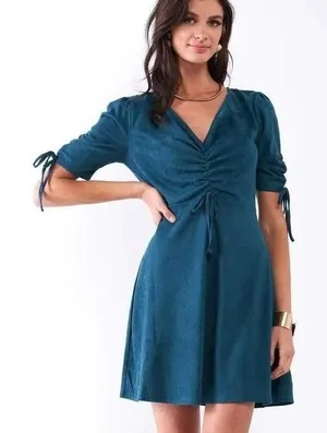 Sugar + Lips Faux Suede Mini Homecoming Dress‎ Women M Teal Ruched Boho Holiday thumbnail 1