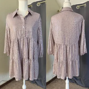 Maeve Bettina Sequined Tiered Shirtdress Medium Petite Dusty Purple Mini NWT thumbnail 3