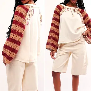 Free People Festival Ready Tee Crochet Sleeve Cream & Rust Knit Top Size Large thumbnail 16