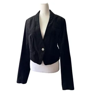 Anthropologie Black Velvet Cropped One Button Closure Jacket thumbnail 3