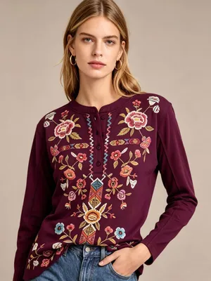 NWOT Johnny Was Anaya Floral-Embroidered Henley Top Tee Long Sleeve T-Shirt M thumbnail 4